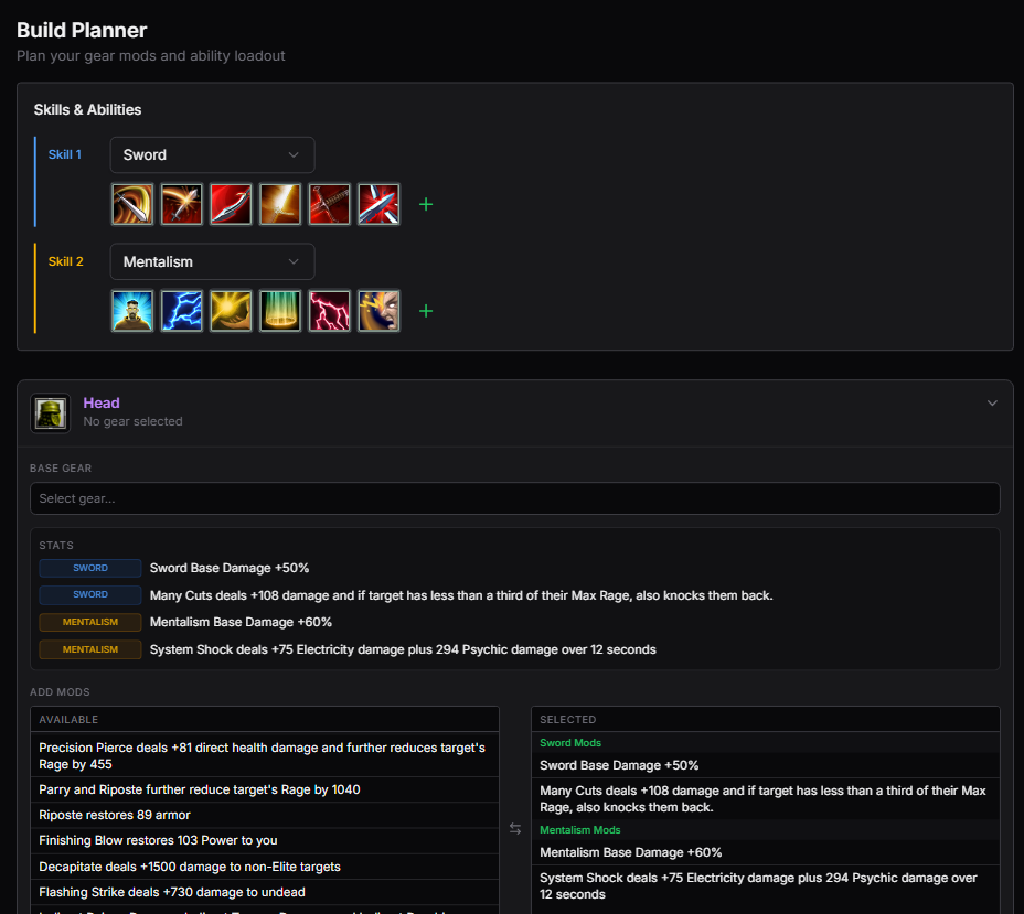 GorgonExplorer build planner with skill and mod selection