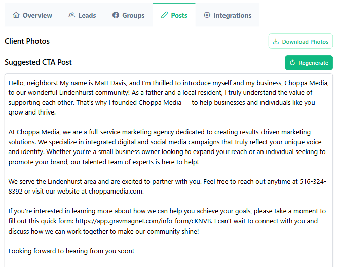 GravMagnet AI-generated marketing post suggestions