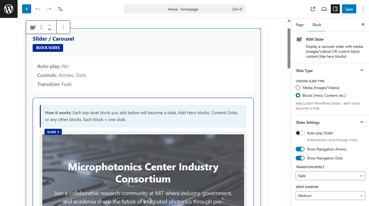 IKIM custom Gutenberg block editor